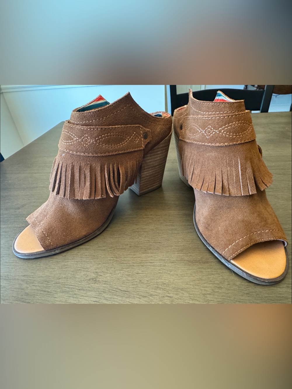 dingo Brown Suede Fringe Open-Toe Heeled Booties